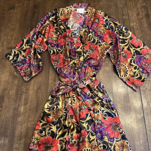 Vintage California Dynasty Robe Sleepwear Old Money Floral Gold Small Womens Red - Picture 1 of 9